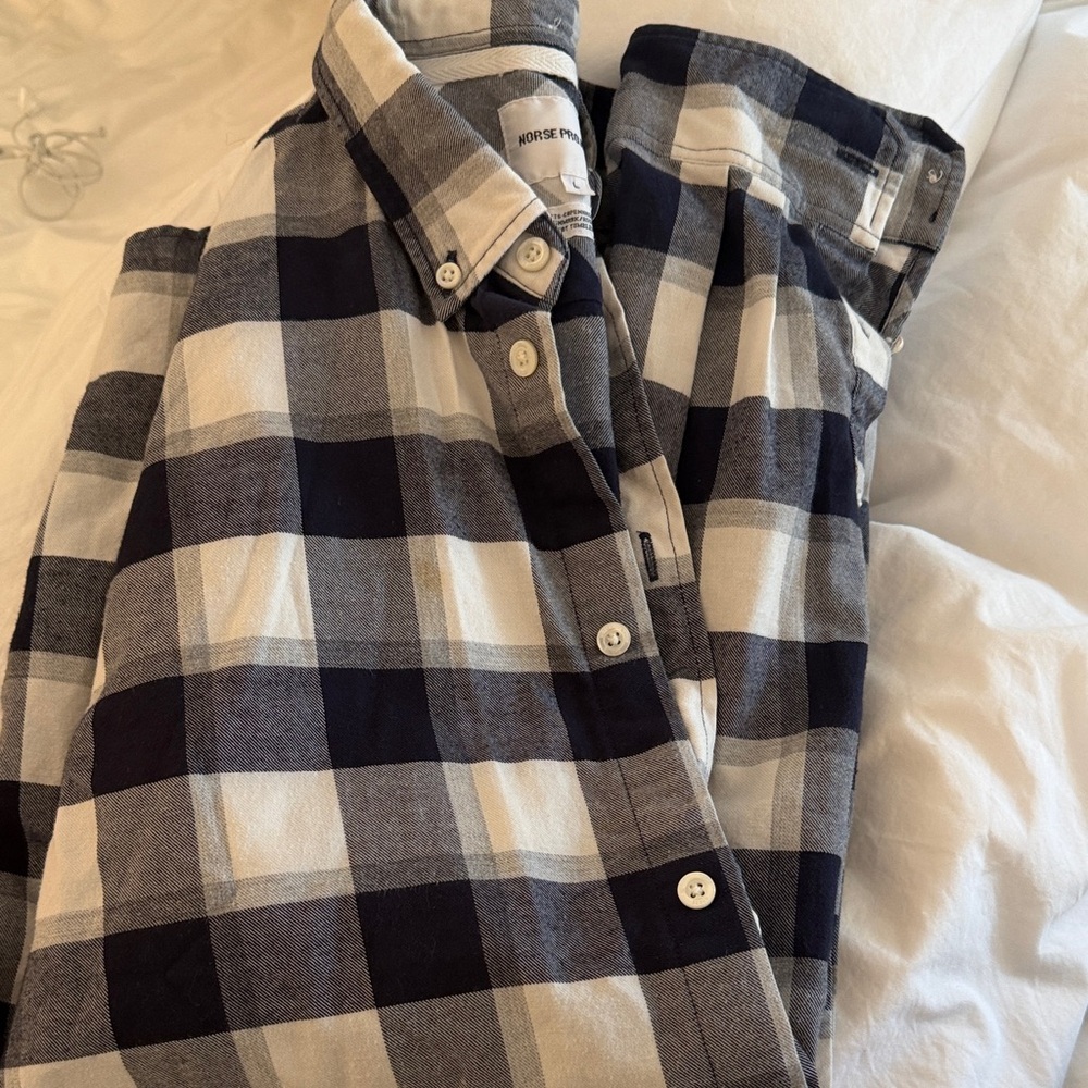Morse Project — Navy and White Plaid Button-Down Shirt